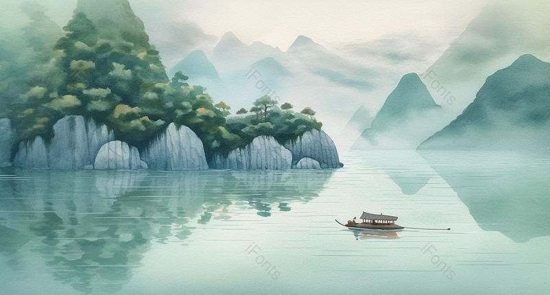 新中式彩色水墨山水画云雾环绕的绿色的山峰群山之中的湖泊上一艘小船缓缓驶过平静的水面泛起涟漪,插画/手绘图,插画/手绘图库,插画/手绘图下载,插画/手绘